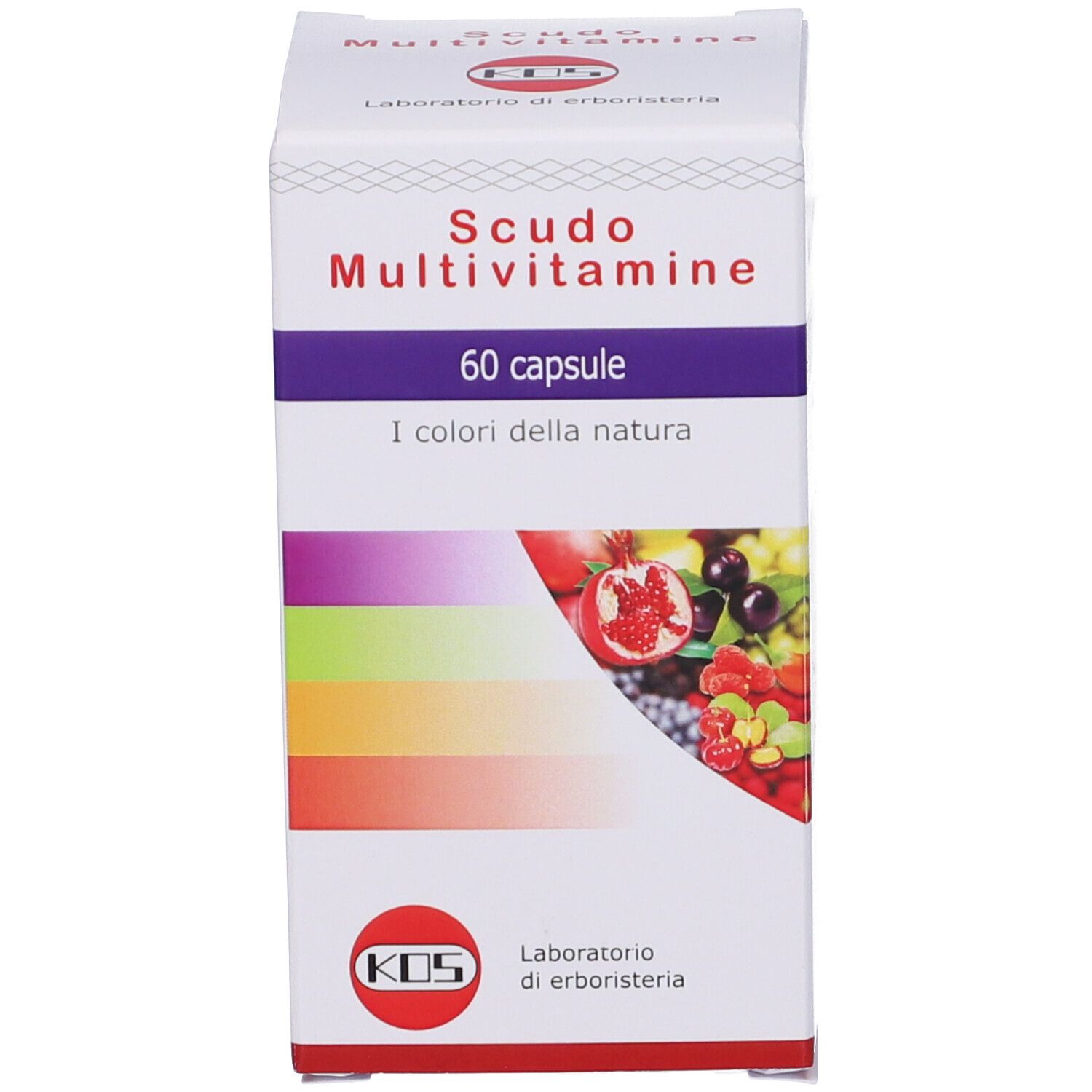 Scatola KOS Scudo Multivitamine. Scritto: 60 capsule. Scatola con logo e nome del prodotto.