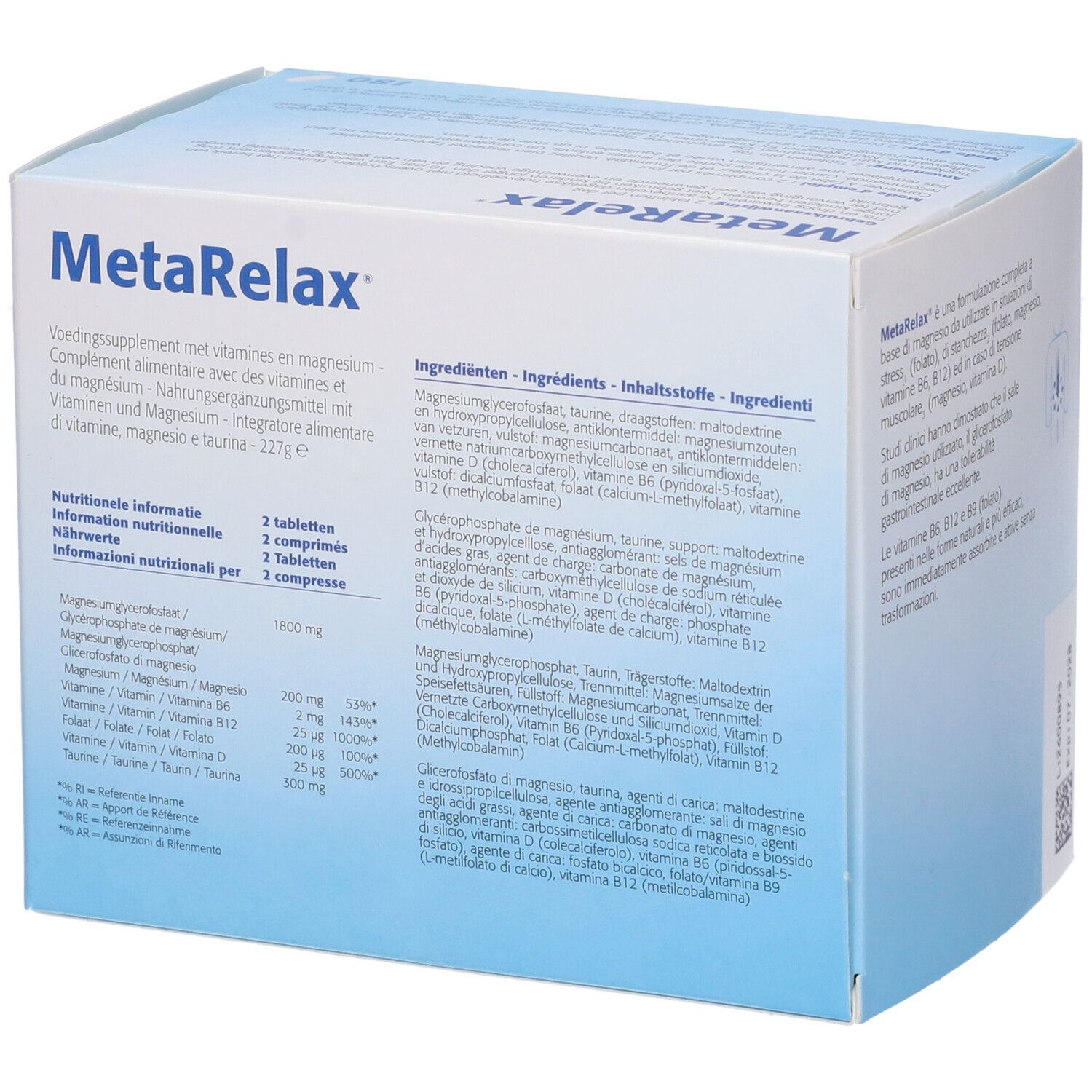 Retro della confezione MetaRelax. Informazioni nutrizionali e ingredienti. 227g. Metagenics.