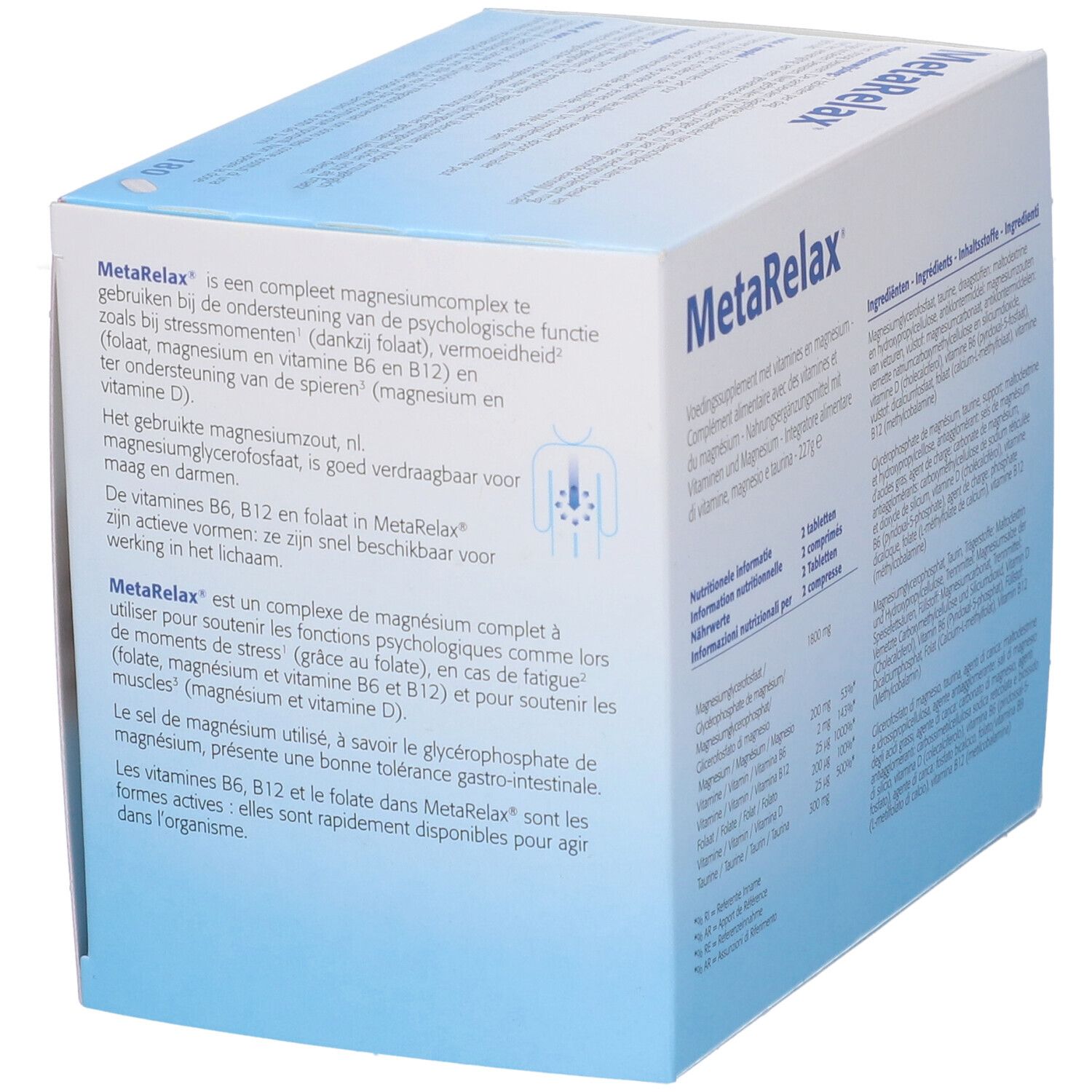 Retro della confezione MetaRelax. Informazioni sul prodotto in più lingue. Metagenics.