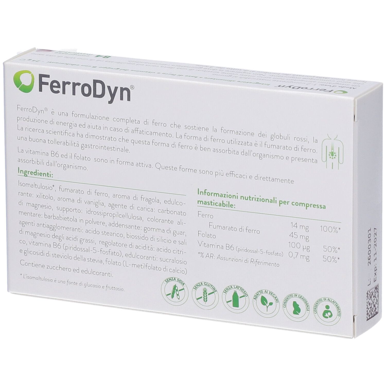 Retro della scatola FerroDyn. Ingredienti e informazioni nutrizionali. Loghi.