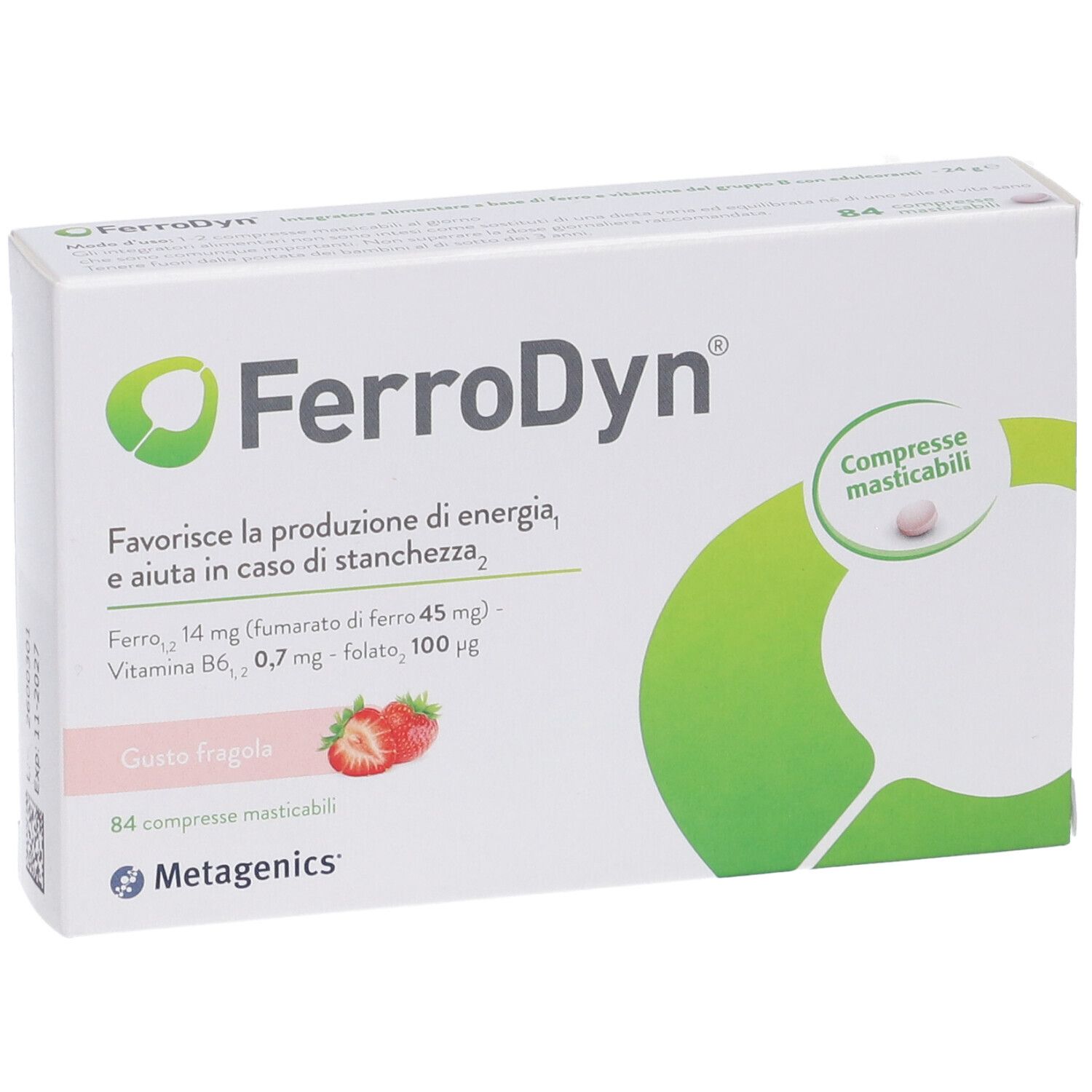 Scatola FerroDyn. Scritta FerroDyn, gusto fragola, 84 compresse masticabili. Logo Metagenics.