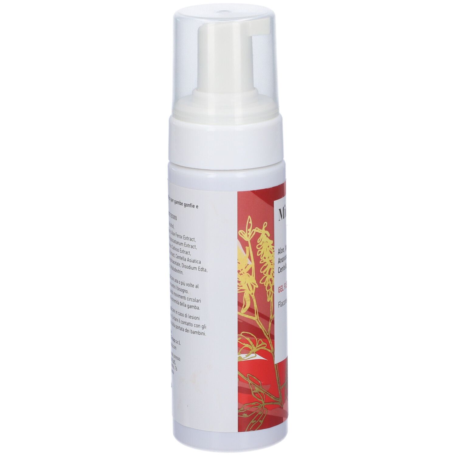 Flacone bianco-rosso con erogatore a spruzzo. Scritta: Midaven Crio-gel. Retro con ingredienti e informazioni produttore.