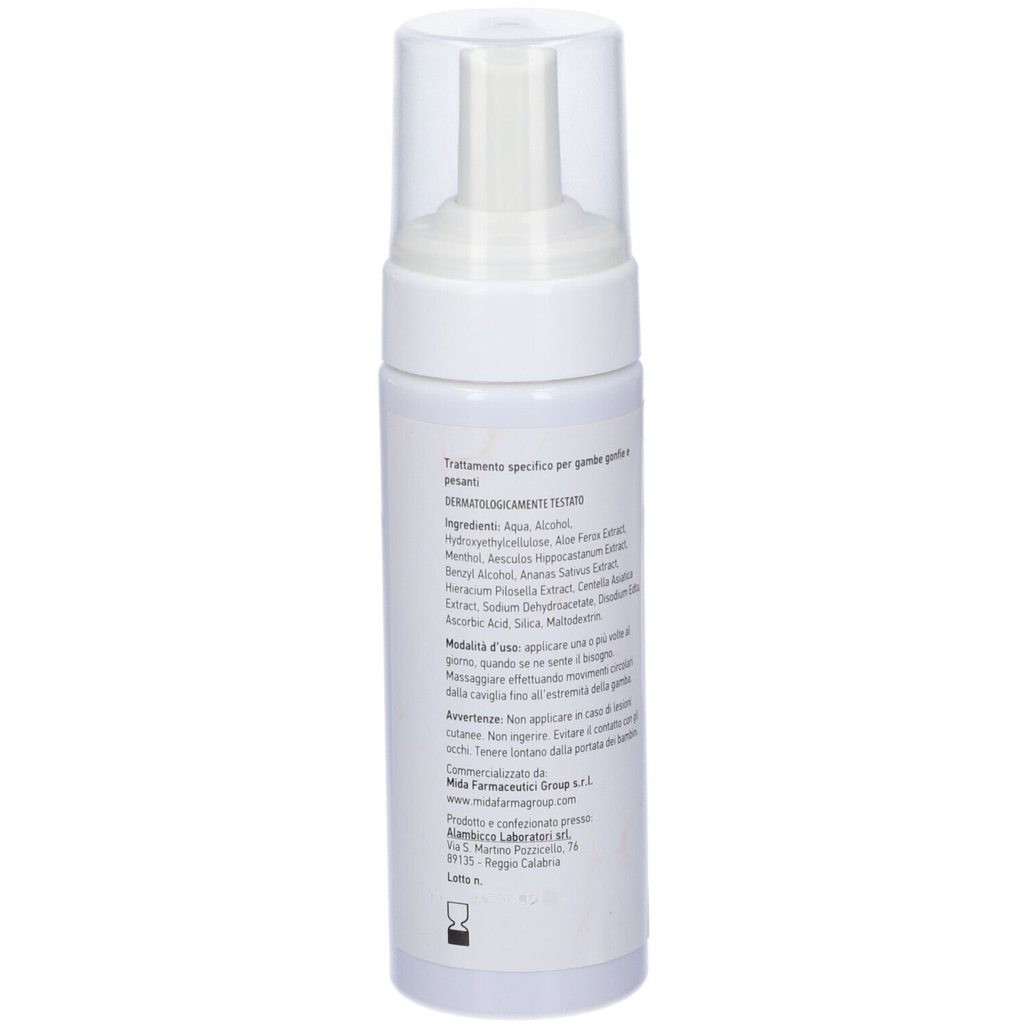 Flacone bianco-rosso con erogatore a spruzzo. Retro con testo, ingredienti e informazioni produttore. Dermatologicamente testato.