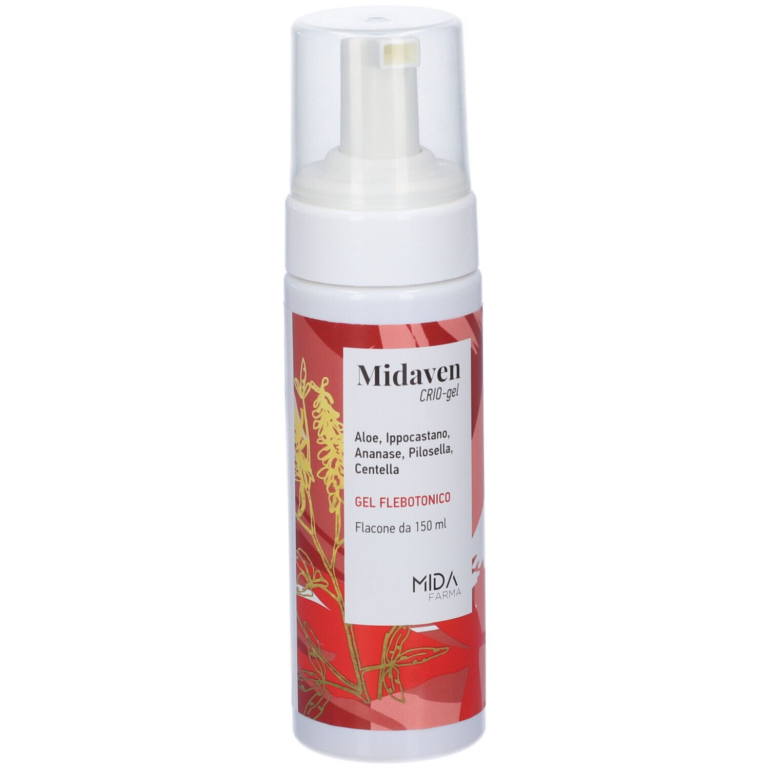 Flacone bianco-rosso con erogatore a spruzzo. Scritte: Midaven Crio-gel, Gel Flebotonico. Logo e ingredienti.