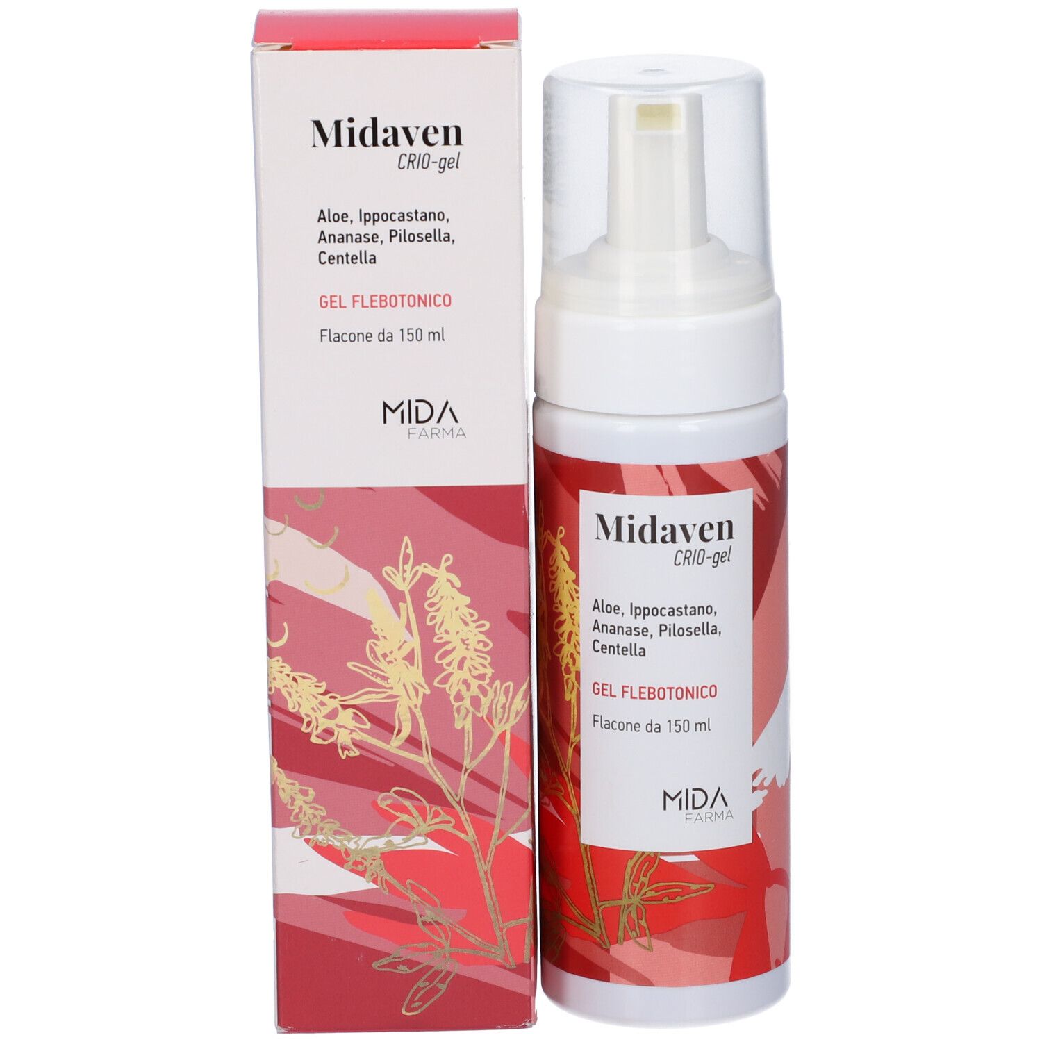 Flacone e confezione. Flacone: bianco-rosso, erogatore. Confezione: bianco-rossa, scritta: Midaven Crio-gel.