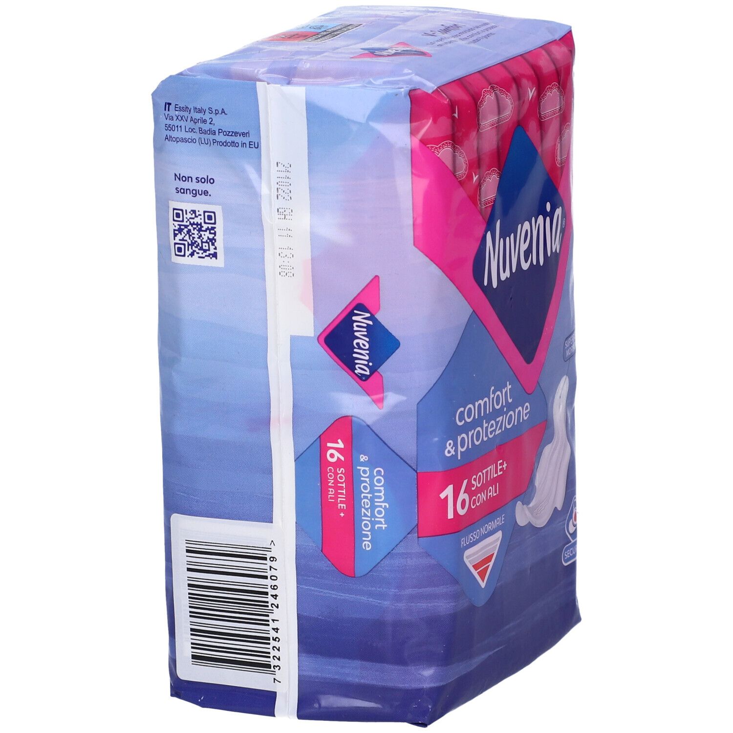 Vista laterale della confezione Nuvenia Normal Ali Sott Gg 16P. Confezione rosa e blu con immagine del prodotto e testo. 16 pezzi.