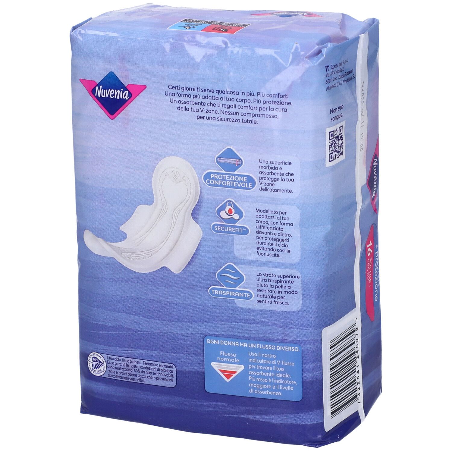 Retro della confezione Nuvenia Normal Ali Sott Gg 16P. Confezione blu con testo e immagine del prodotto. 16 pezzi.