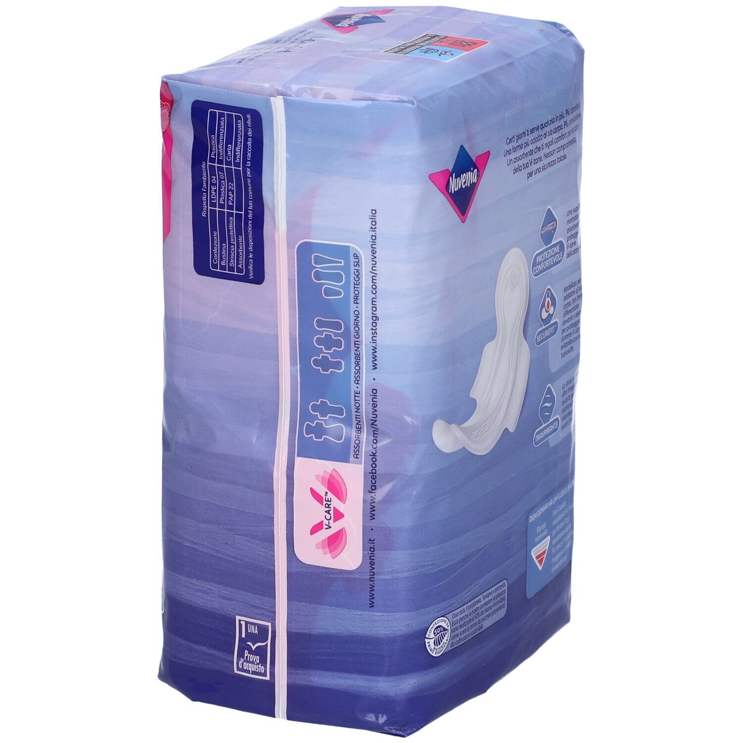 Vista laterale della confezione Nuvenia Normal Ali Sott Gg 16P. Confezione blu con testo e immagine del prodotto. 16 pezzi.