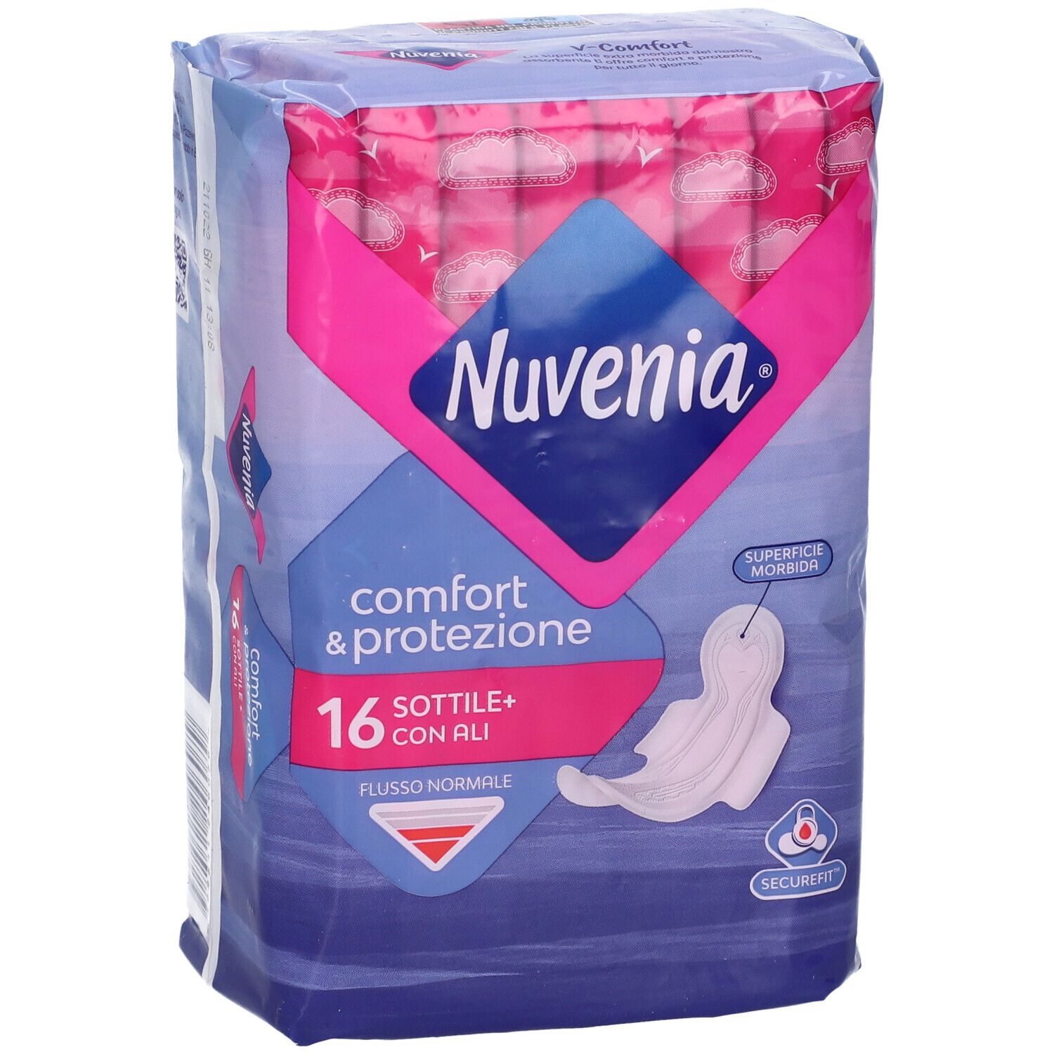 Vista frontale della confezione Nuvenia Normal Ali Sott Gg 16P. Confezione rosa e blu con immagine del prodotto e testo. 16 pezzi.
