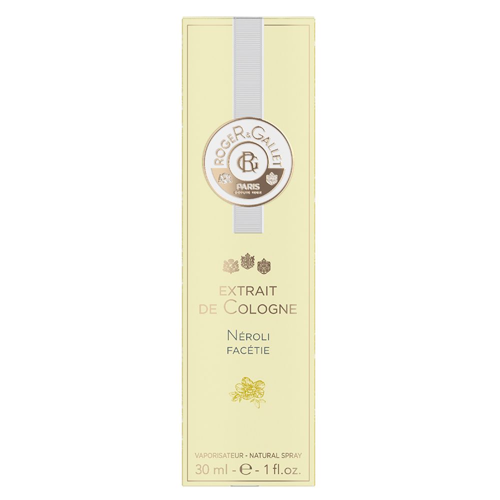 Confezione gialla con striscia bianca. Scritta: Roger & Gallet, Extrait de Cologne, Néroli Facétie.