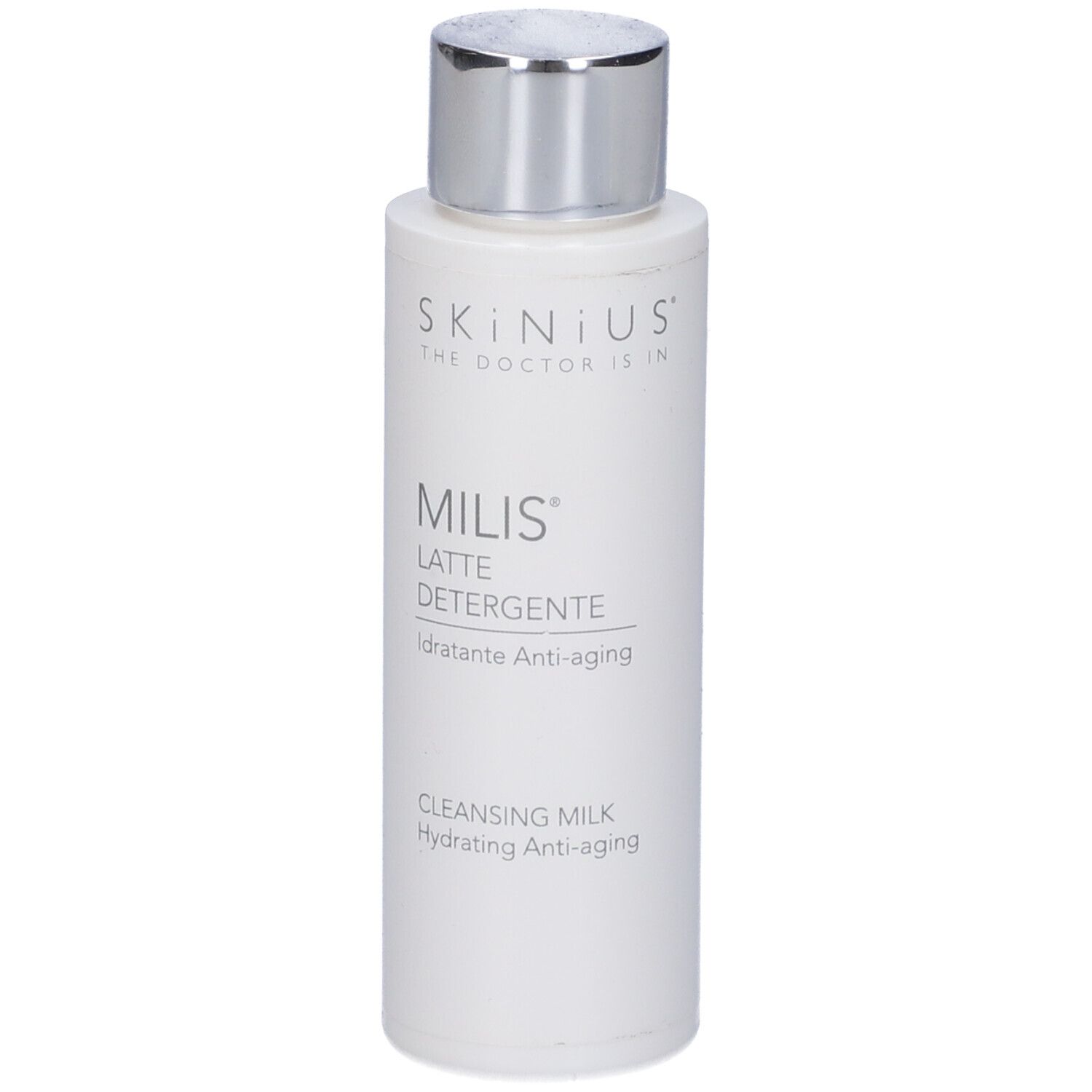 Flacone bianco con tappo argentato. Scritta: Milis Latte Detergente, Idratante Anti-aging.
