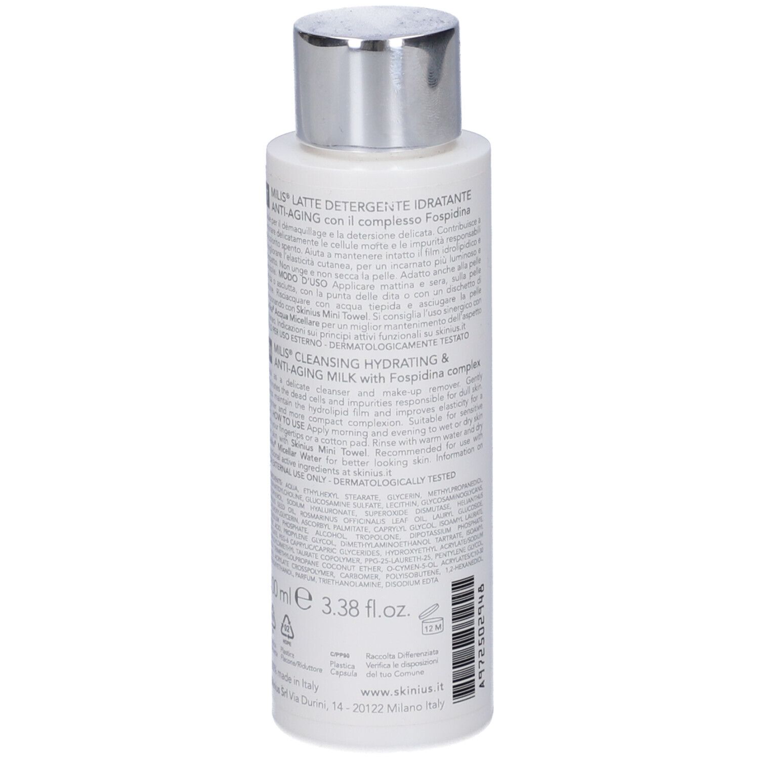 Flacone bianco con tappo argentato. Scritta: Milis Latte Detergente, Idratante Anti-aging. Testo sul retro.