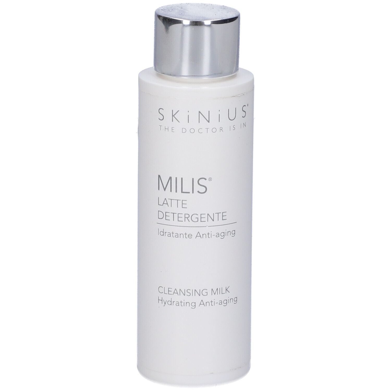 Flacone bianco con tappo argentato. Scritta: Milis Latte Detergente, Idratante Anti-aging.