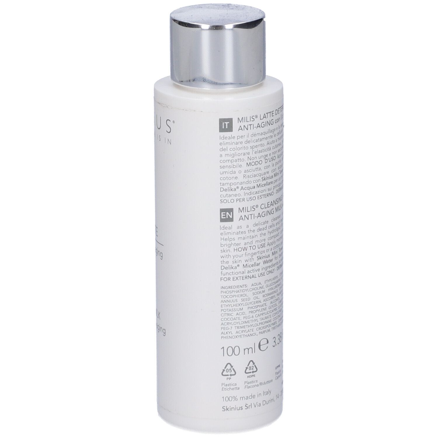 Flacone bianco con tappo argentato. Scritta: Milis Latte Detergente, Idratante Anti-aging. Testo sul retro.
