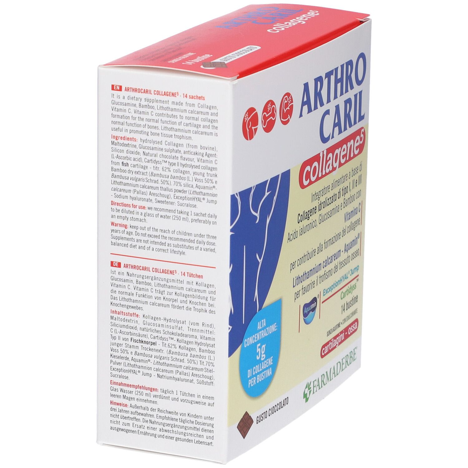 Arthrocaril Collagene 5: Retro della confezione con ingredienti e modalità d'uso.