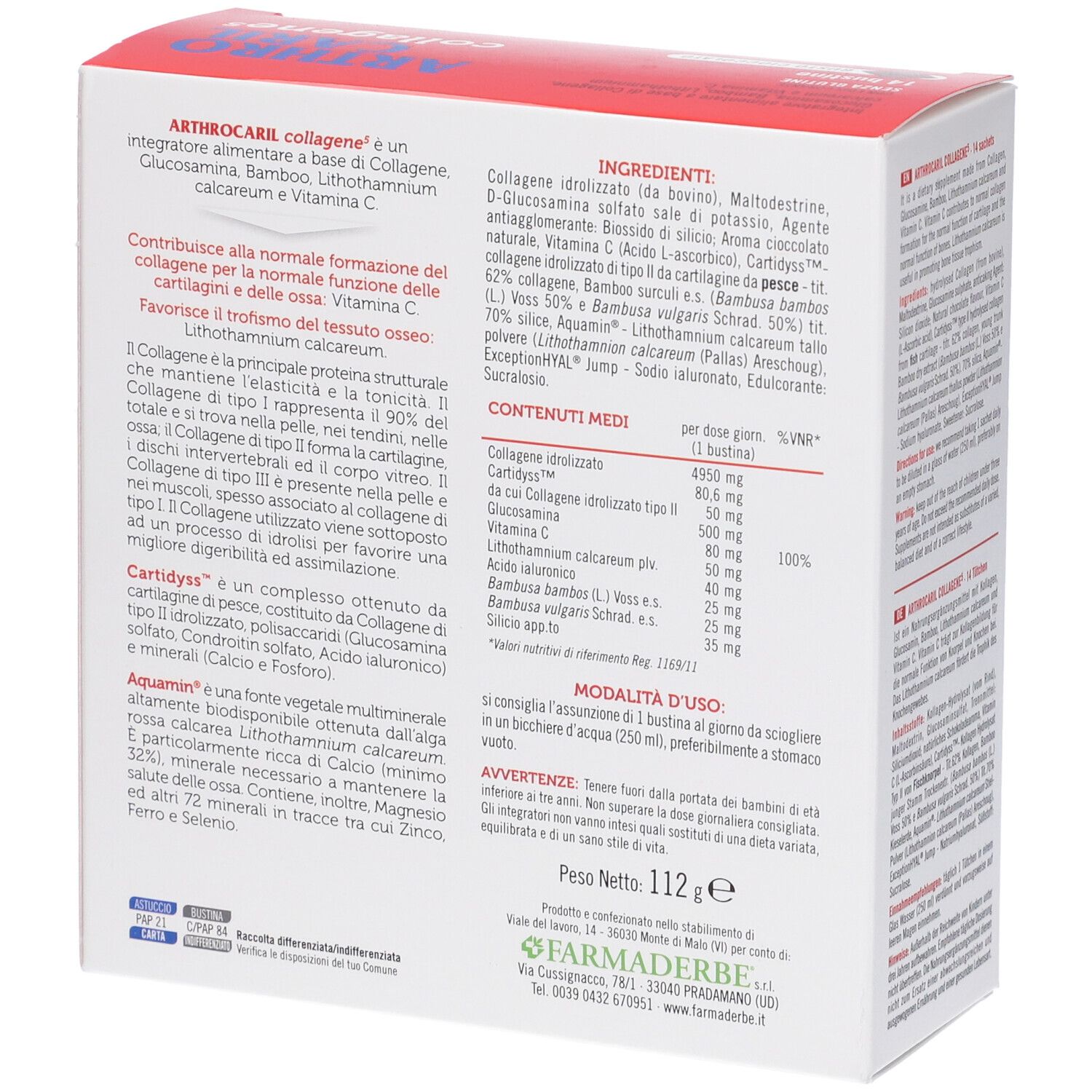 Arthrocaril Collagene 5: Vista laterale della confezione con valori nutrizionali e ingredienti.