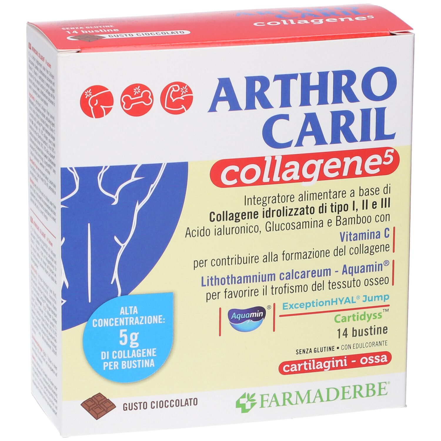 Arthrocaril Collagene 5: Confezione da 14 bustine, gusto cioccolato, 5g di collagene per bustina.