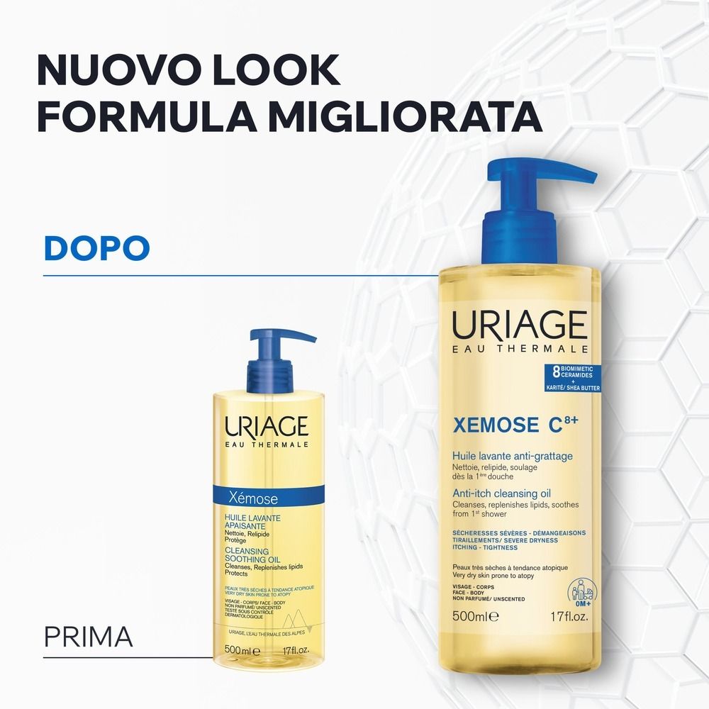 Uriage Xémose Olio Detergente. Flacone con dosatore blu. Retro con informazioni.