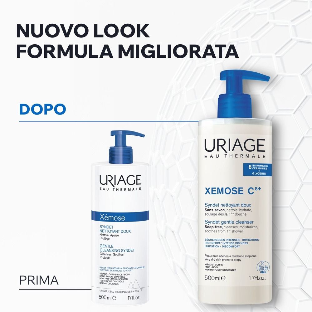 Confronto di due flaconi. Testo: Nuovo look, Formula migliorata. Prima e Dopo.
