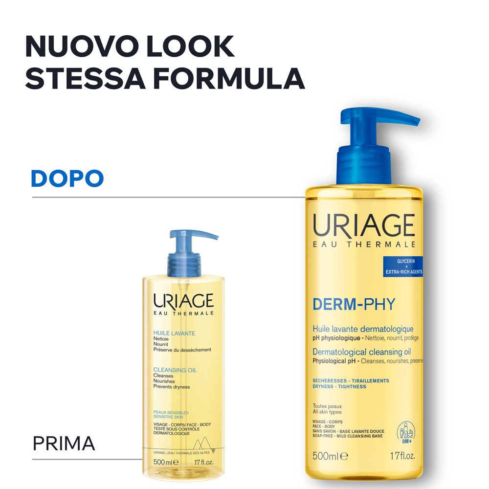 Due flaconi affiancati. Sinistra: vecchia confezione. Destra: nuova confezione. Testo: Nuovo look stessa formula.