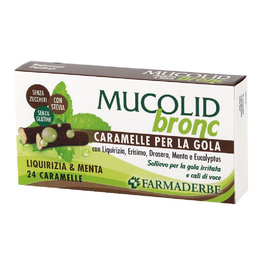 Scatola di caramelle "Mucolid Bronc". Scritto: 24 caramelle, liquirizia e menta. Logo Farmaderbe.