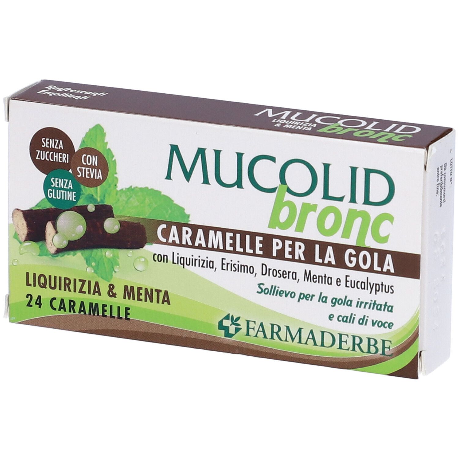 Scatola di caramelle "Mucolid Bronc". Scritto: 24 caramelle, liquirizia e menta. Logo Farmaderbe.