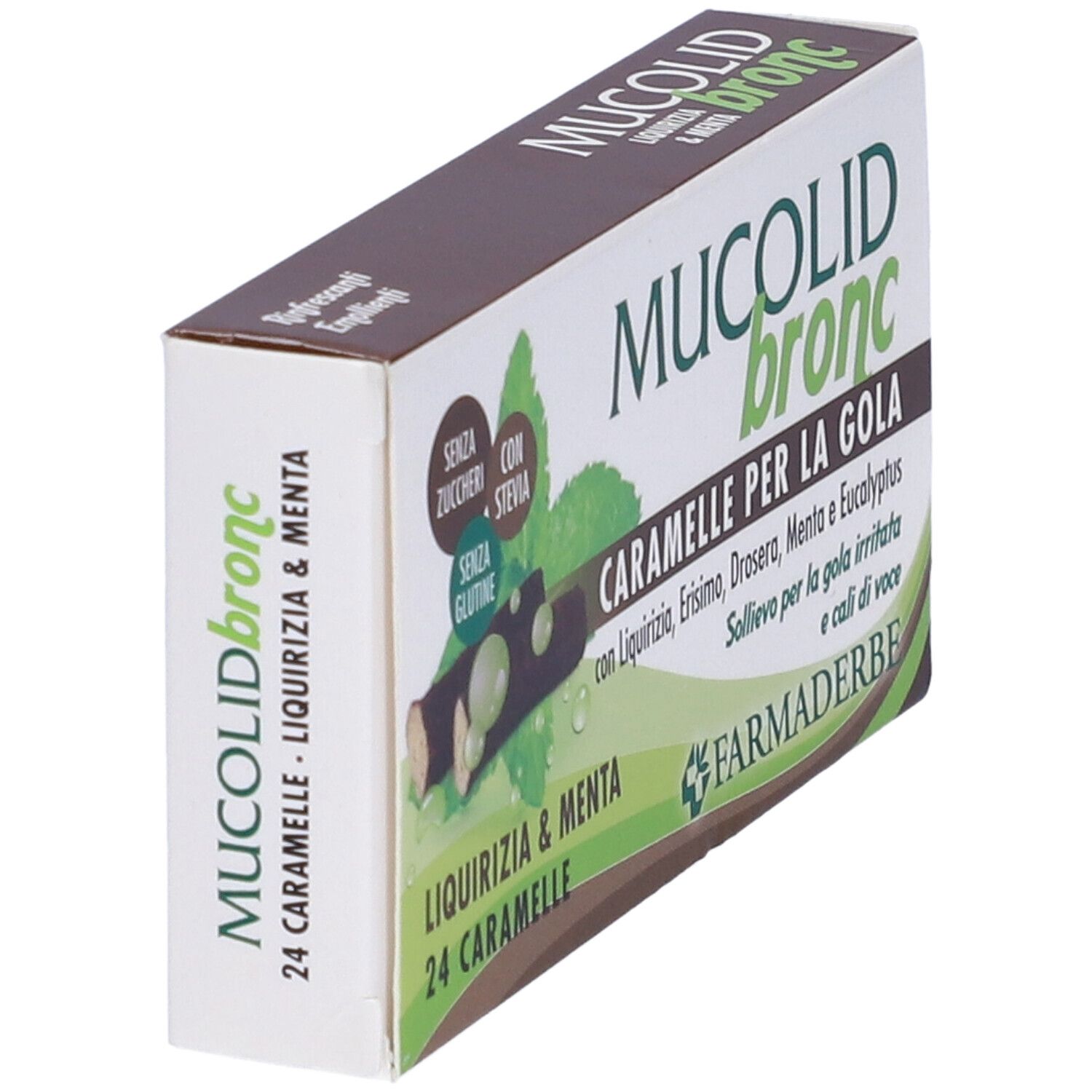Scatola di caramelle "Mucolid Bronc". Scritto: 24 caramelle, liquirizia e menta. Logo Farmaderbe.