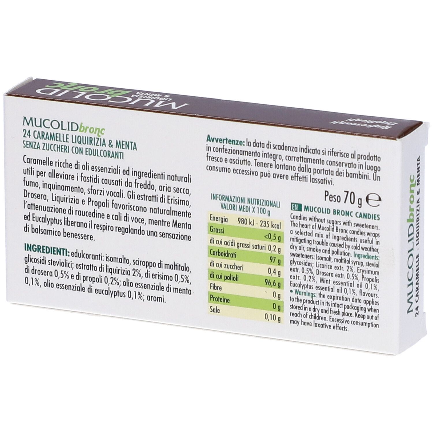 Retro della scatola di caramelle "Mucolid Bronc". Contiene informazioni nutrizionali e ingredienti. Peso: 70g.