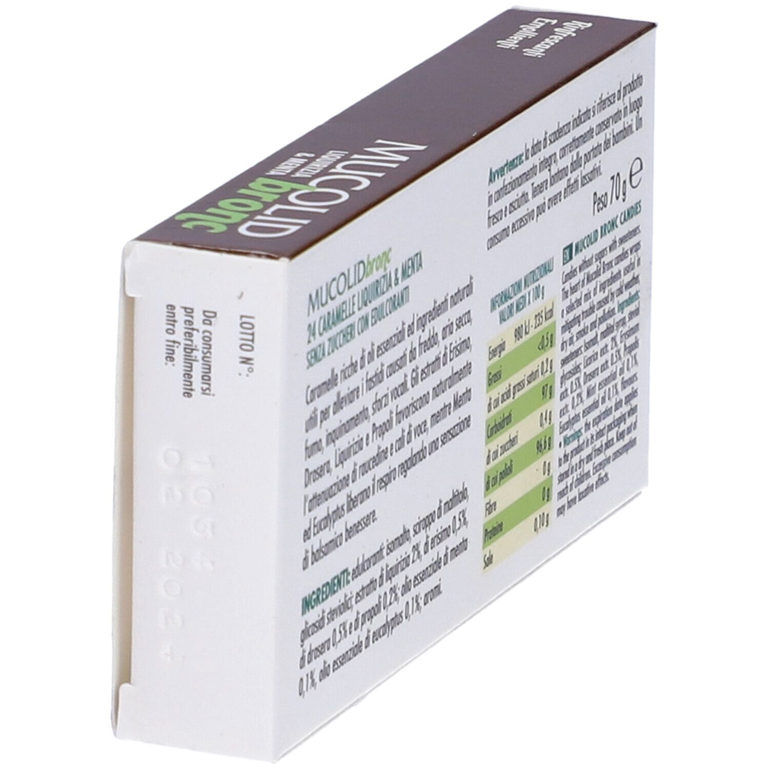 Retro della scatola di caramelle "Mucolid Bronc". Contiene informazioni e una data di scadenza.