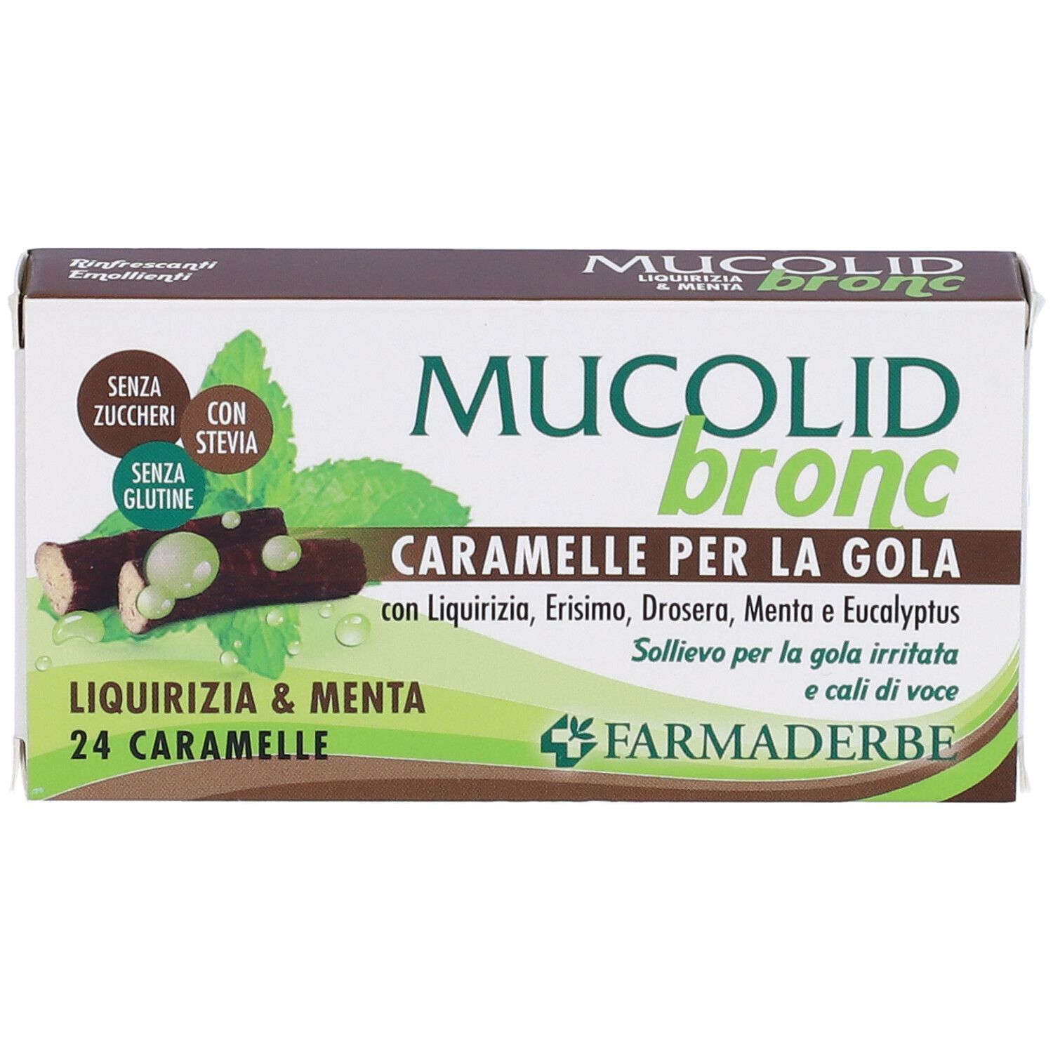 Scatola di caramelle "Mucolid Bronc". Scritto: 24 caramelle, liquirizia e menta. Logo Farmaderbe.