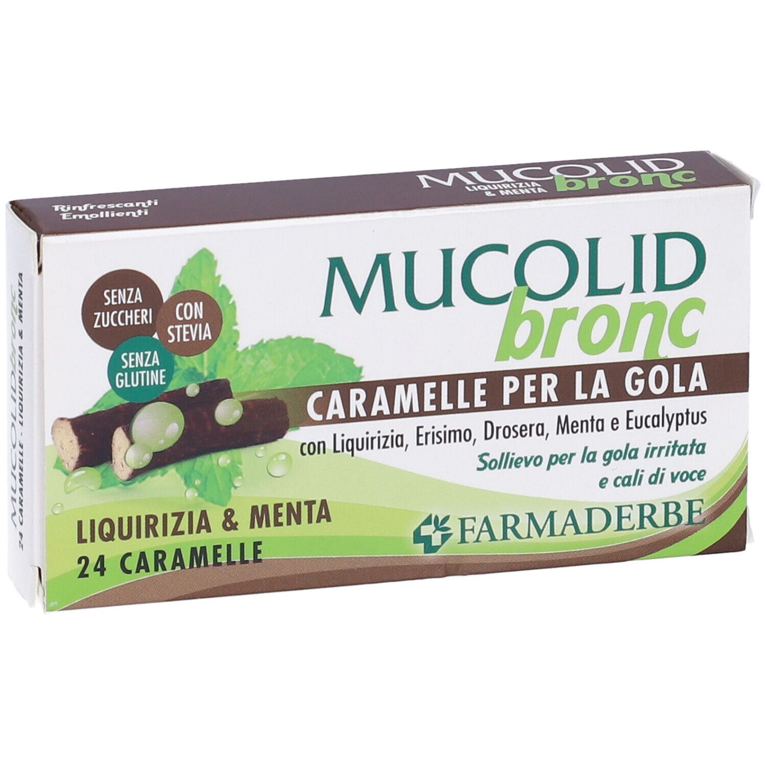 Scatola di caramelle "Mucolid Bronc". Scritto: 24 caramelle, liquirizia e menta. Logo Farmaderbe.