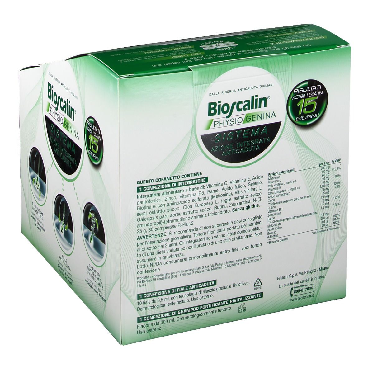 Retro della confezione Bioscalin Physiogenina System. Contiene informazioni sugli ingredienti e l'uso. Design verde e bianco con testo.
