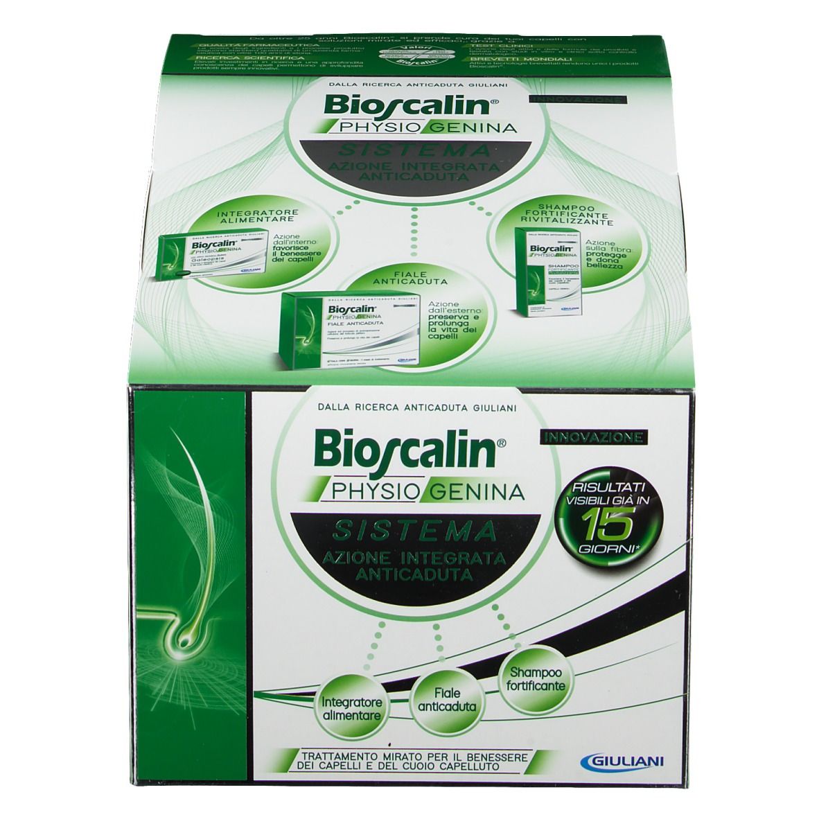 Confezione Bioscalin Physiogenina System, aperta. Scatola verde e bianca con immagini e testo. Contiene diversi prodotti.