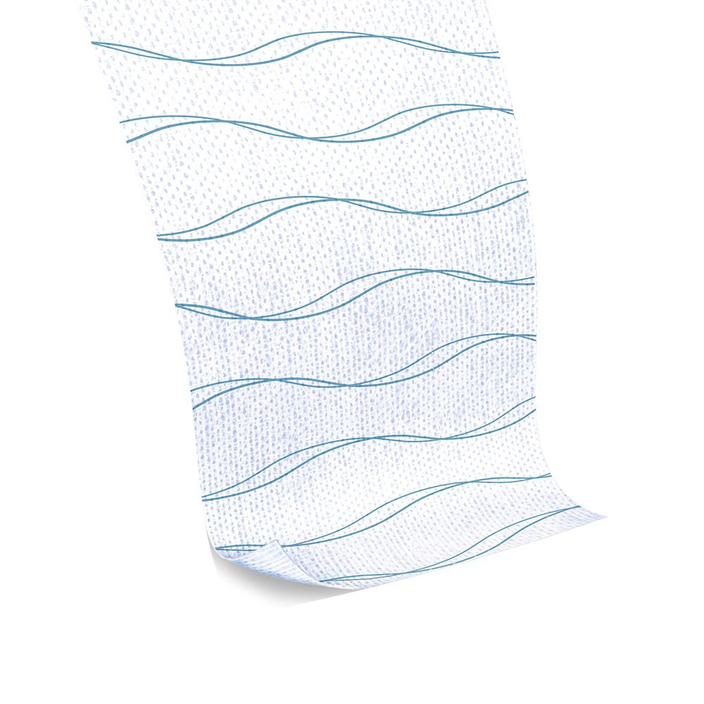 Primo piano di una benda bianca con linee blu ondulate. La benda è leggermente curva.