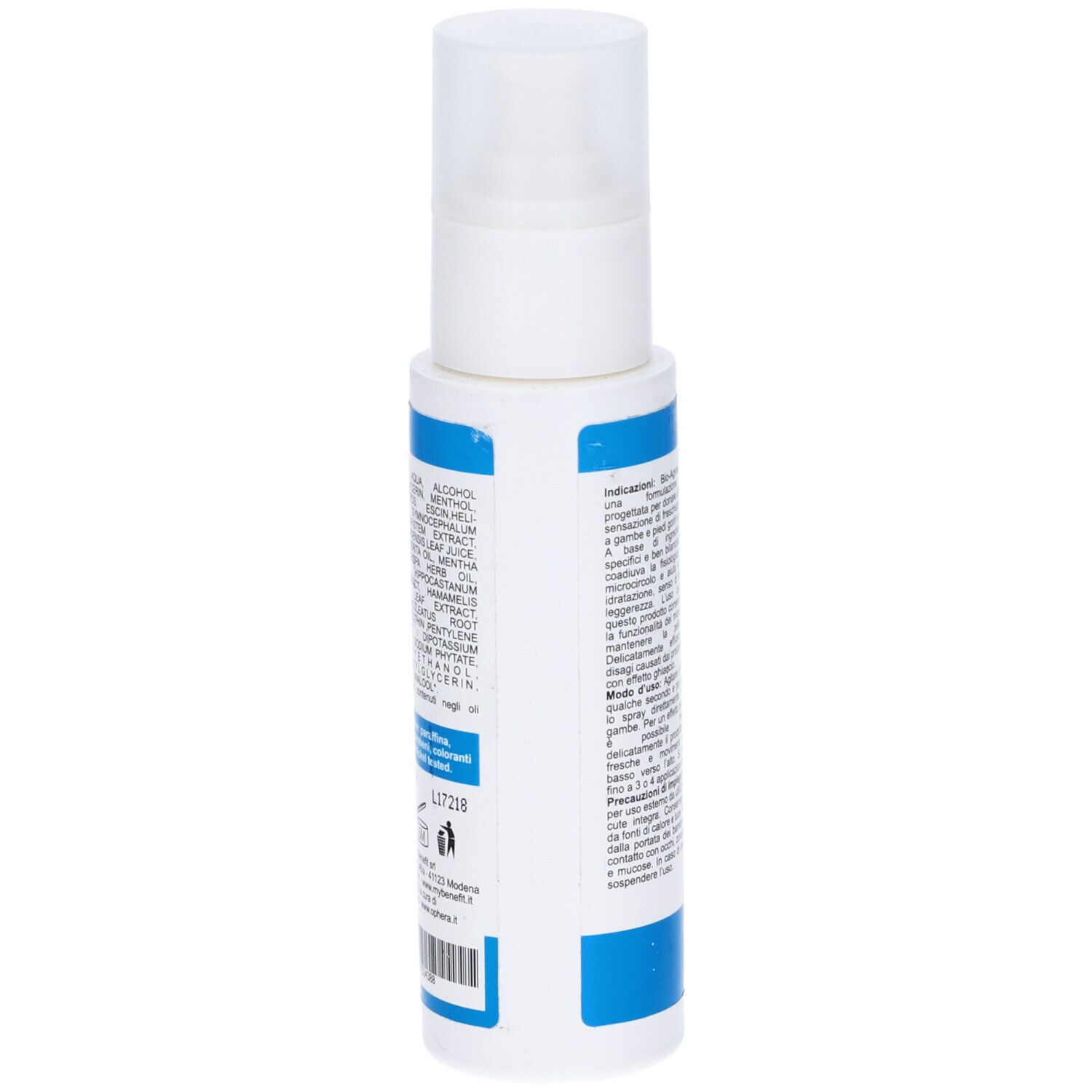 Retro del flacone spray bianco e blu. Informazioni testuali e logo.