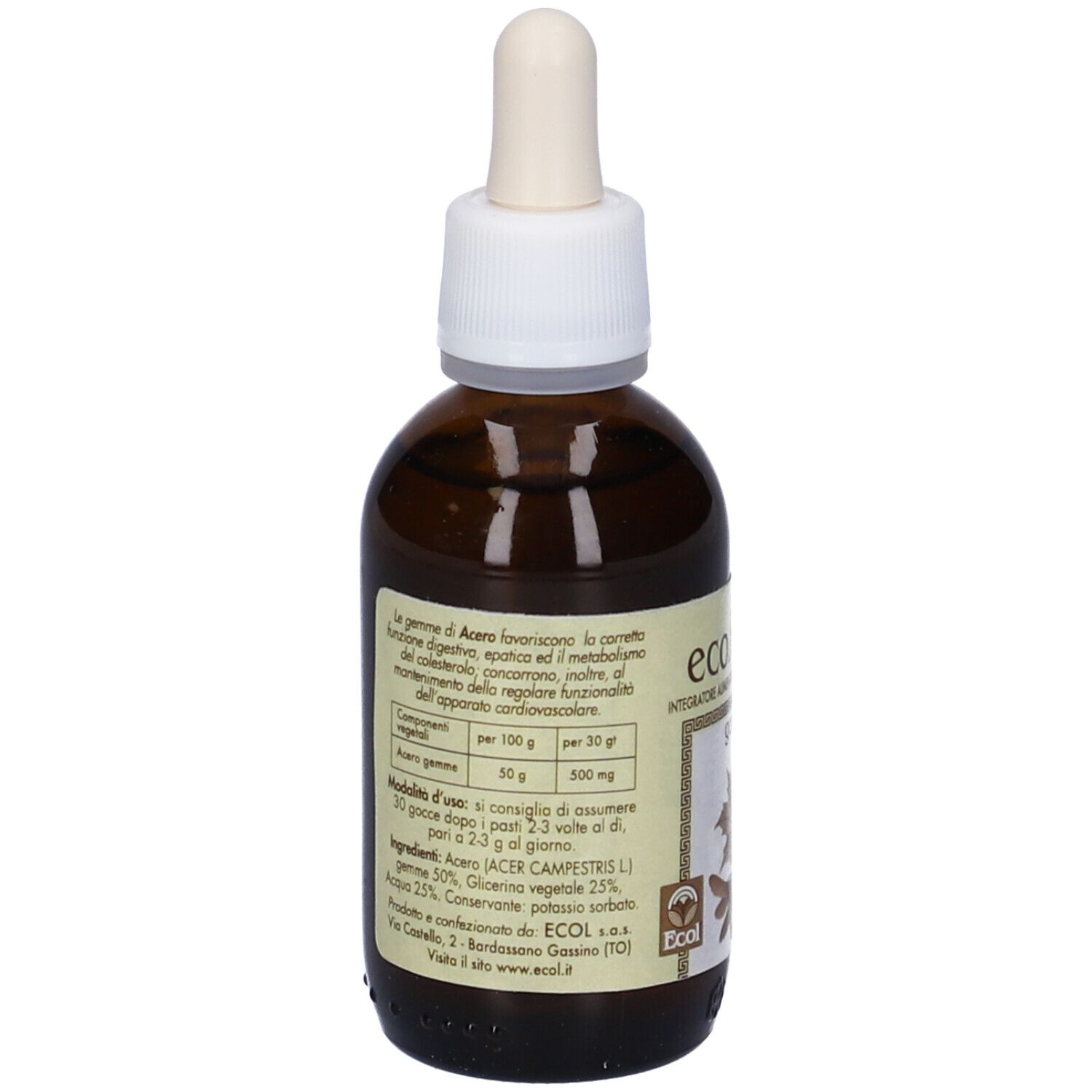 Flacone di vetro marrone con tappo bianco e contagocce. Retro con testo e informazioni sugli ingredienti. 50 ml.