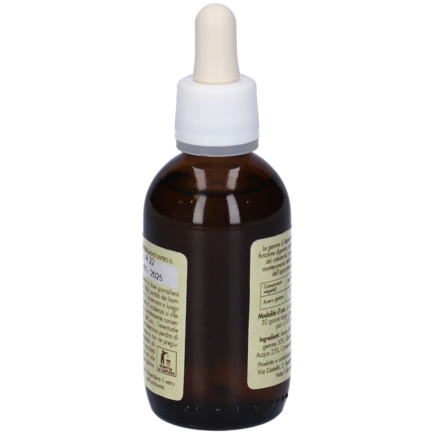 Flacone di vetro marrone con tappo bianco e contagocce. Vista laterale con testo. 50 ml.