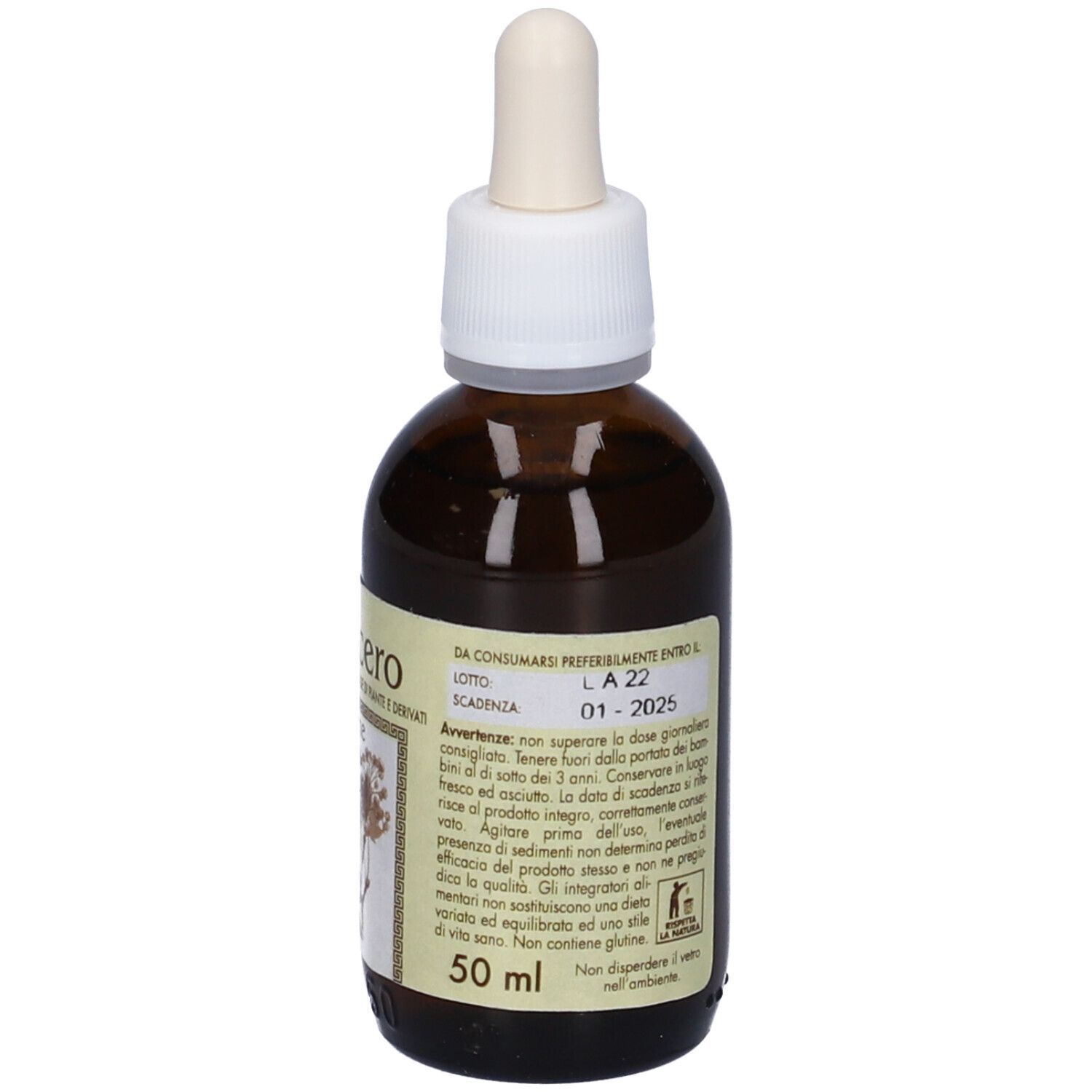 Flacone di vetro marrone con tappo bianco e contagocce. Etichetta con data di scadenza. 50 ml.