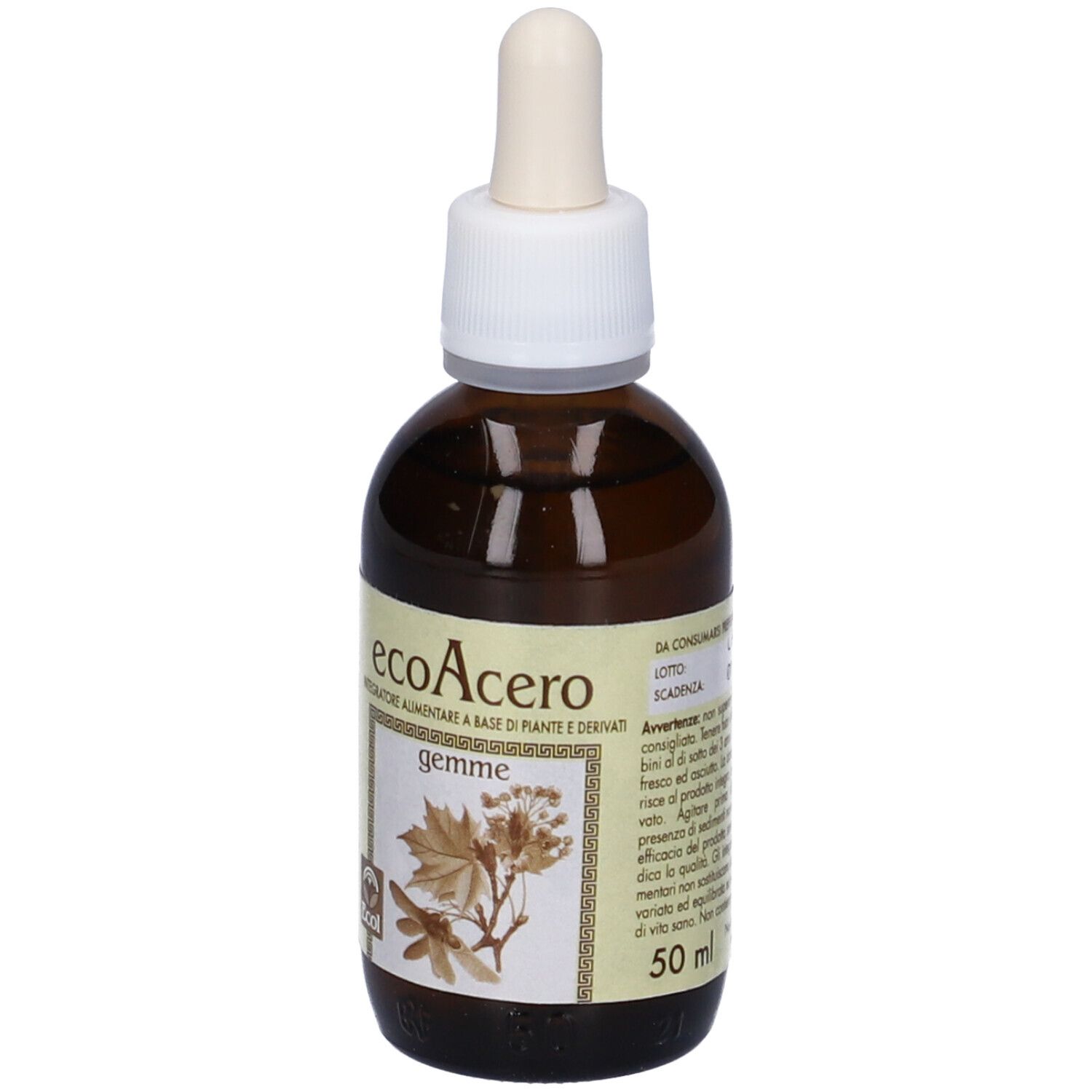 Flacone di vetro marrone con tappo bianco e contagocce. Etichetta con nome del prodotto e illustrazione. 50 ml.