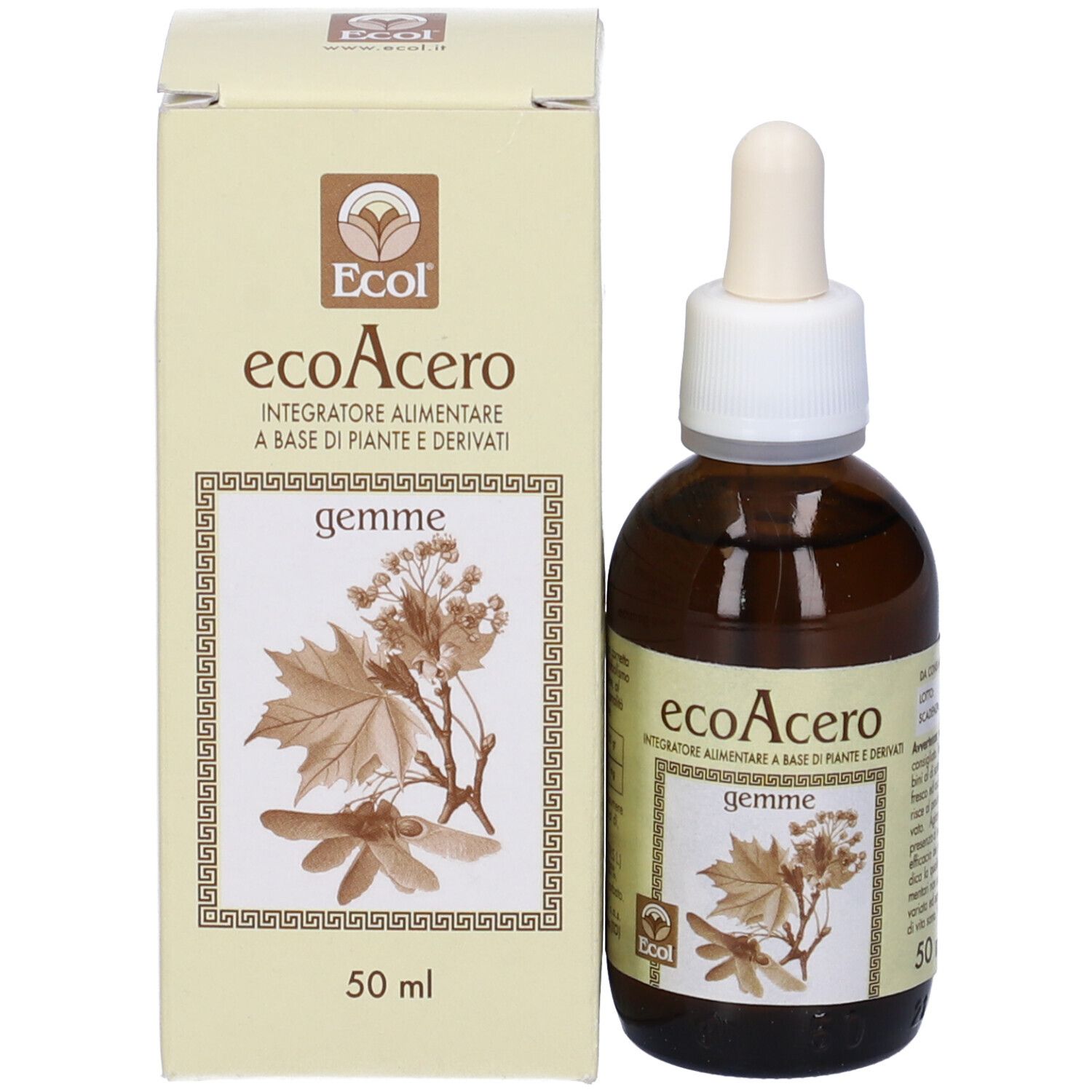 Flacone di vetro marrone con tappo bianco e contagocce, accanto a una confezione del prodotto. 50 ml.