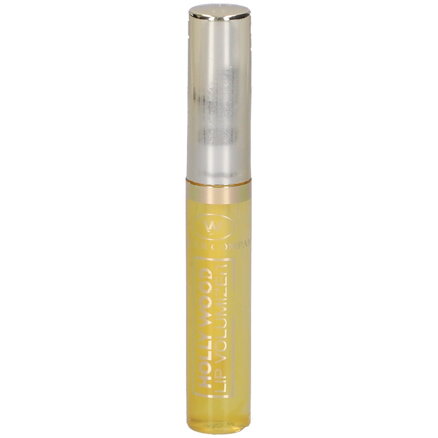 Tubo di lucidalabbra con tappo argentato. Liquido giallo visibile. Scritta: HOLLYWOOD LIP VOLUMIZER.