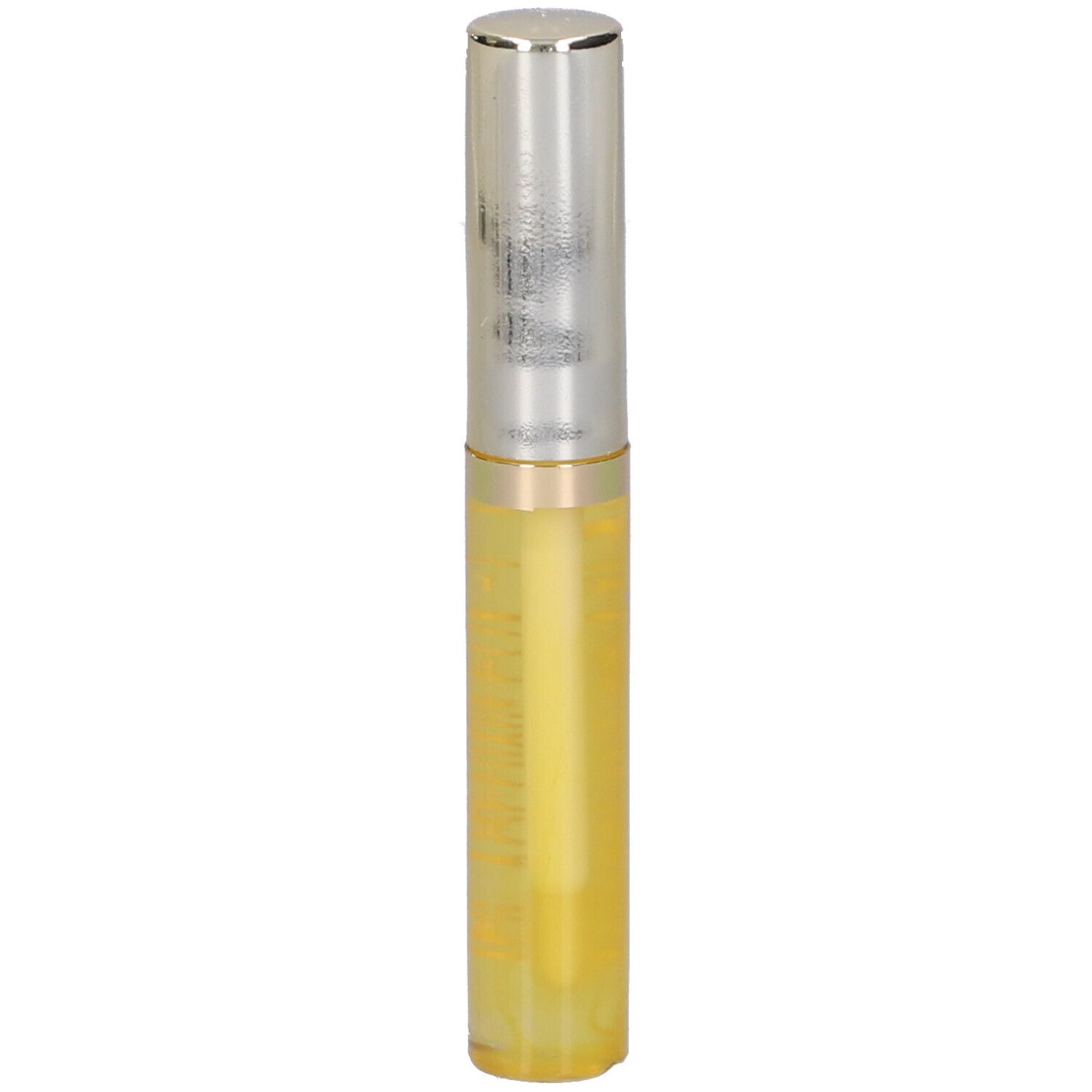 Tubo di lucidalabbra con tappo argentato. Liquido giallo visibile. Scritta illeggibile.
