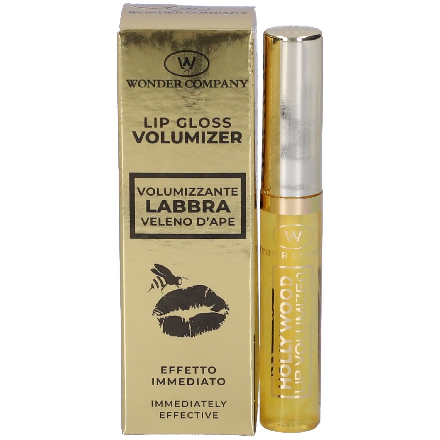 Confezione dorata con tubo di lucidalabbra. Scritta: LIP GLOSS VOLUMIZER, VOLUMIZZANTE LABBRA, VELENO D'APE.