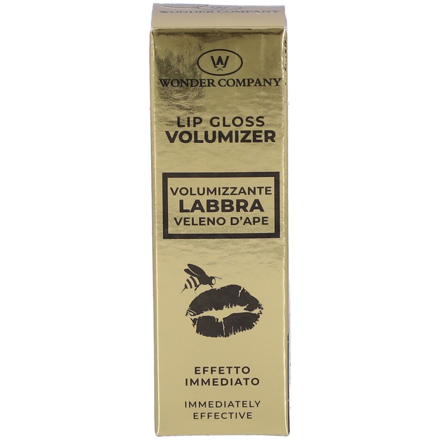 Confezione dorata. Scritta: LIP GLOSS VOLUMIZER, VOLUMIZZANTE LABBRA, VELENO D'APE. Illustrazione: labbra con ape.