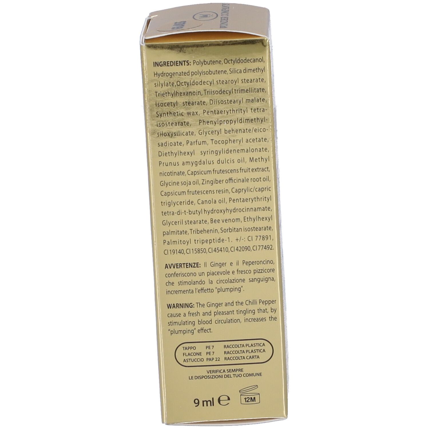 Confezione dorata. Testo: ingredienti, avvertenza. Volume: 9 ml. Simboli di riciclo.