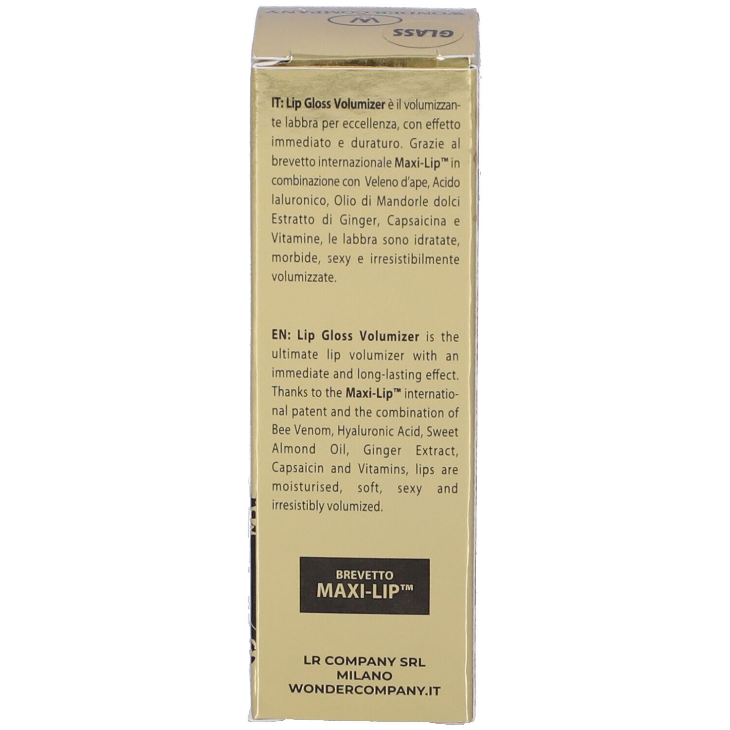 Confezione dorata. Testo: descrizione prodotto, ingredienti. Marchio: MAXI-LIP. Indirizzo produttore.