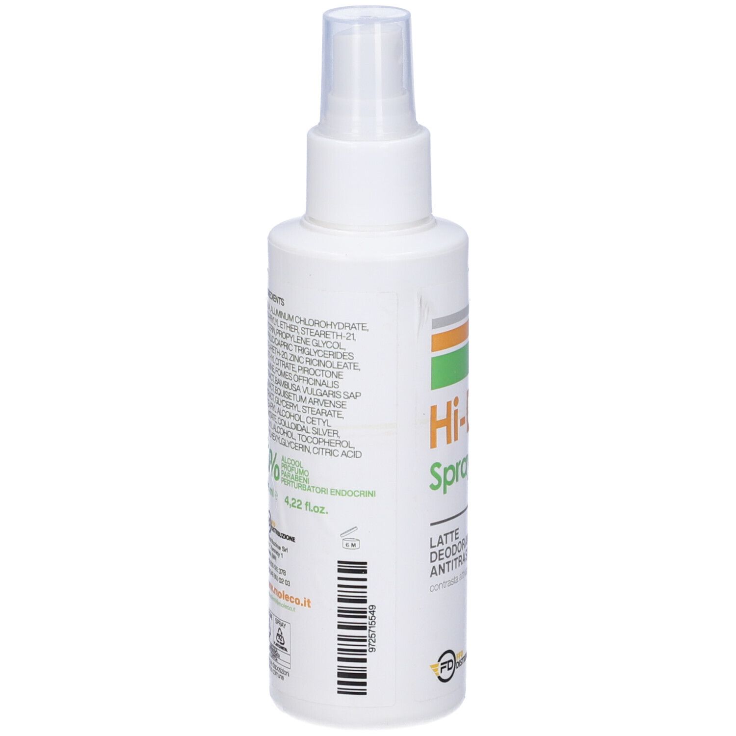 Flacone spray bianco con testo e codice a barre. Contiene ingredienti e logo. Hi-Deo Spray.
