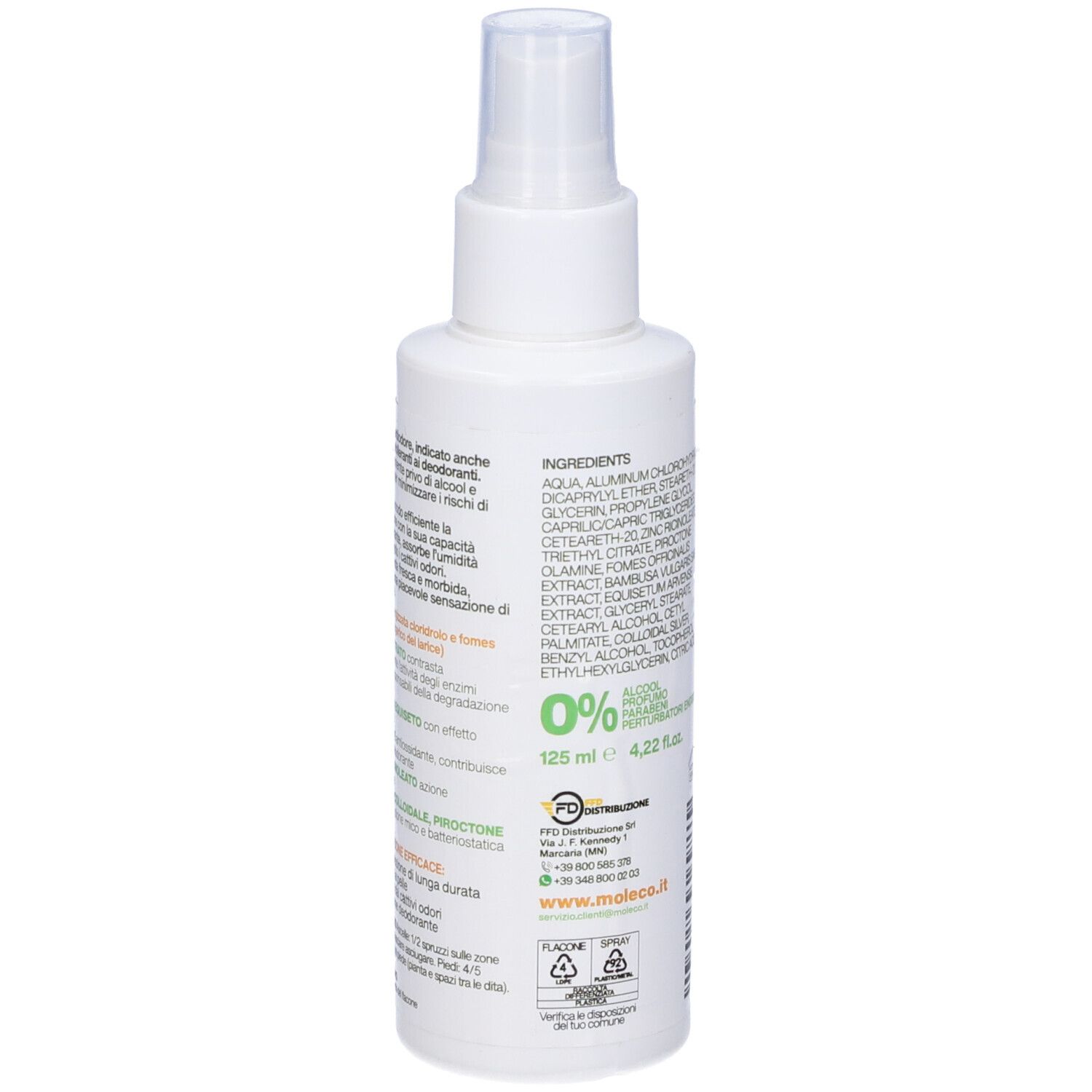 Flacone spray bianco con testo e ingredienti. Contiene 0% e 125 ml. Hi-Deo Spray.