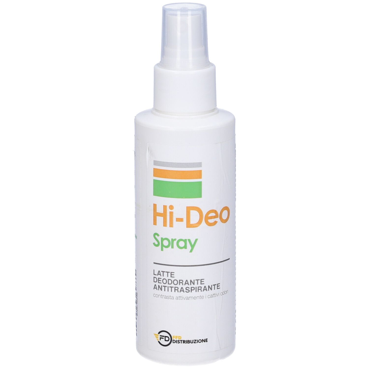 Flacone spray bianco con logo verde e arancione. Testo: Hi-Deo Spray, Latte Deodorante Antitraspirante.