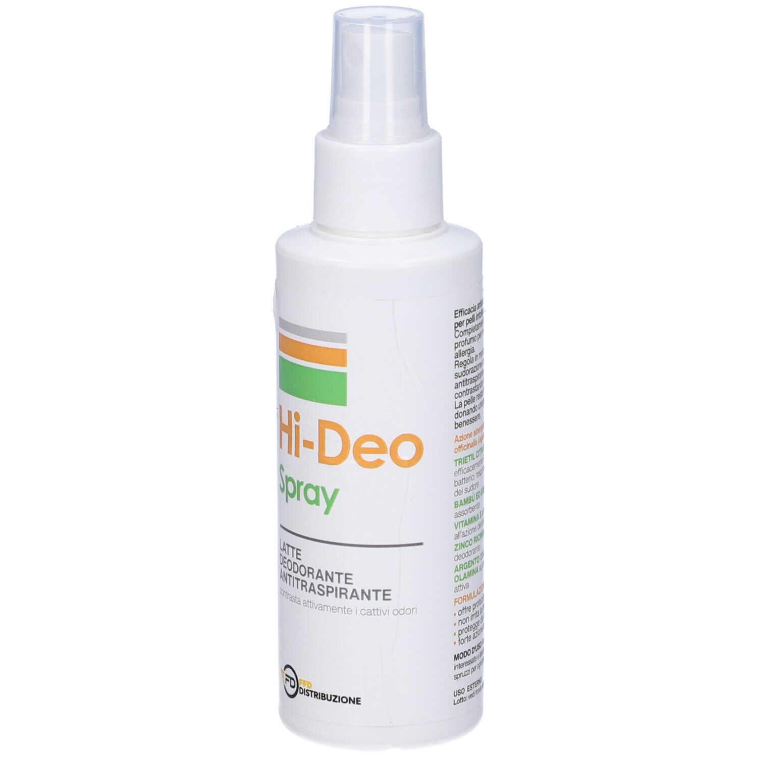 Flacone spray bianco con logo verde e arancione. Testo: Hi-Deo Spray, Latte Deodorante Antitraspirante.